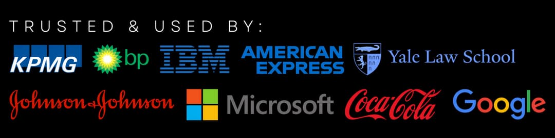 Logos of KPMG, BP, IBM, American Express, Yale Law School, Johnson & Johnson, Microsoft, Coca-Cola, and Google